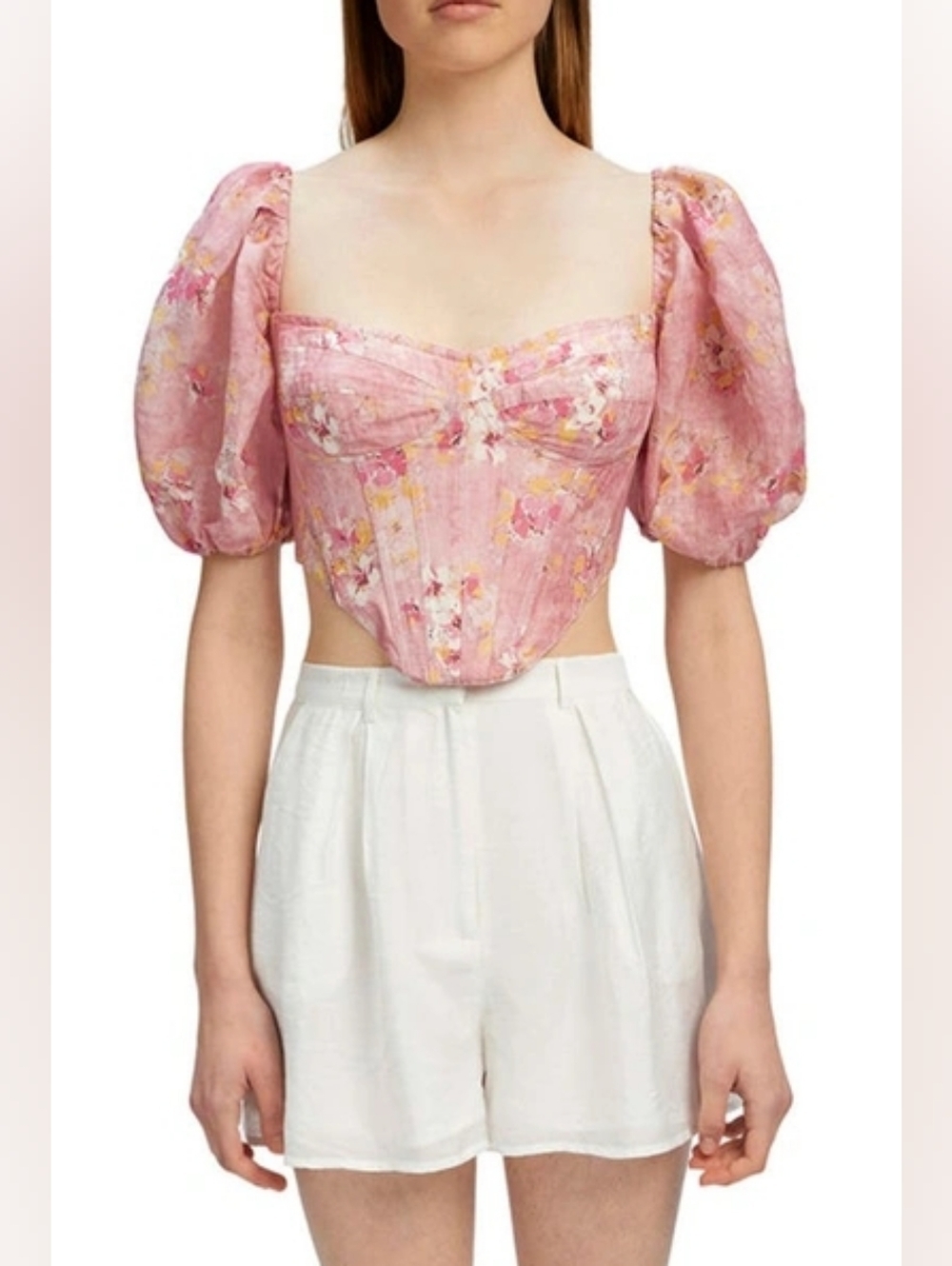 Bardot Kiah Floral Corset Crop Top In Pink Garden Size Medium